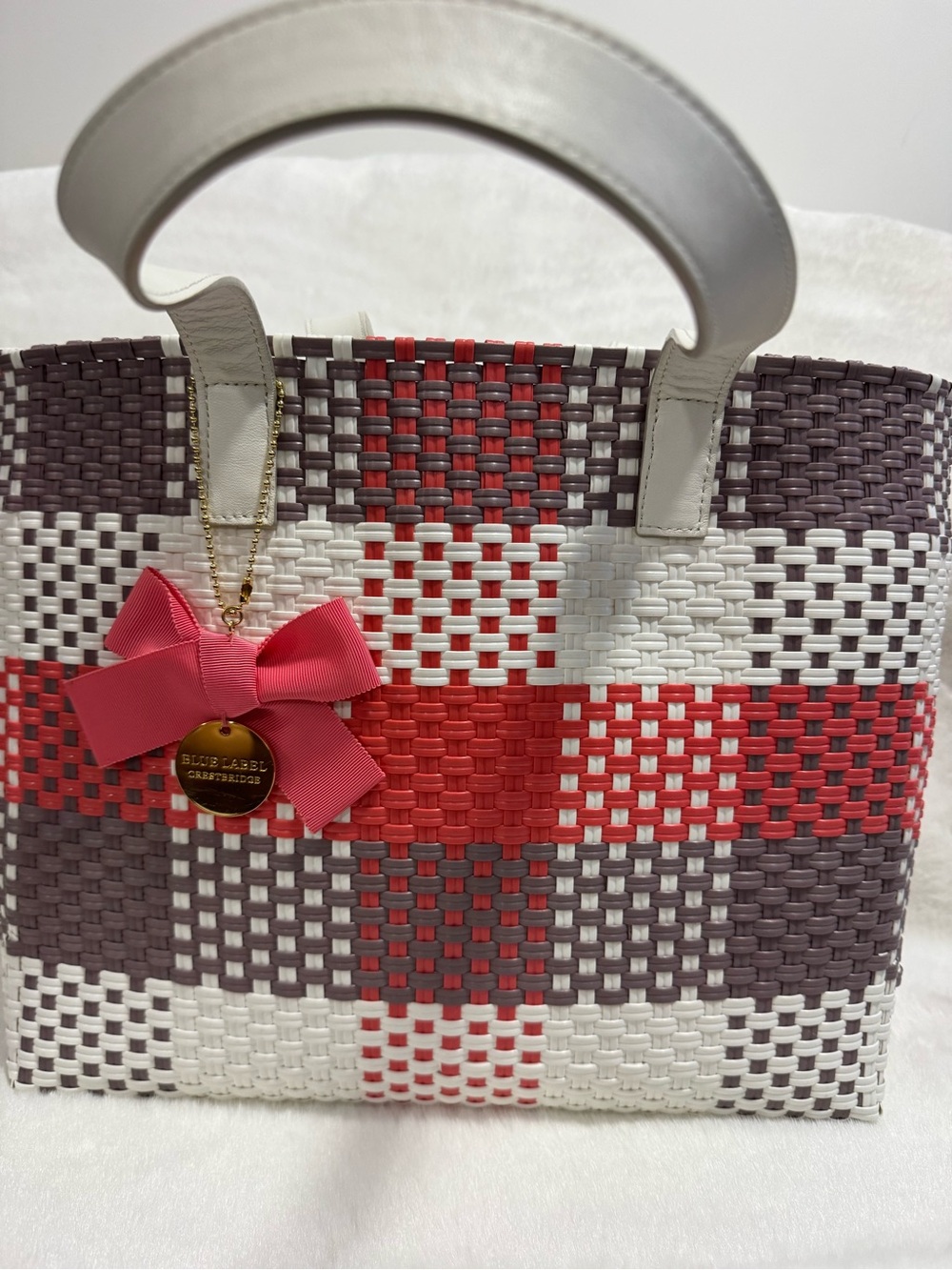Woven bluelabel burberry Checkerboard Tote Bag in White, Red & Brown